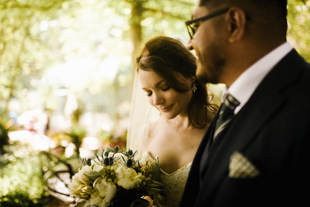 bride and groom at denver botanic gardens